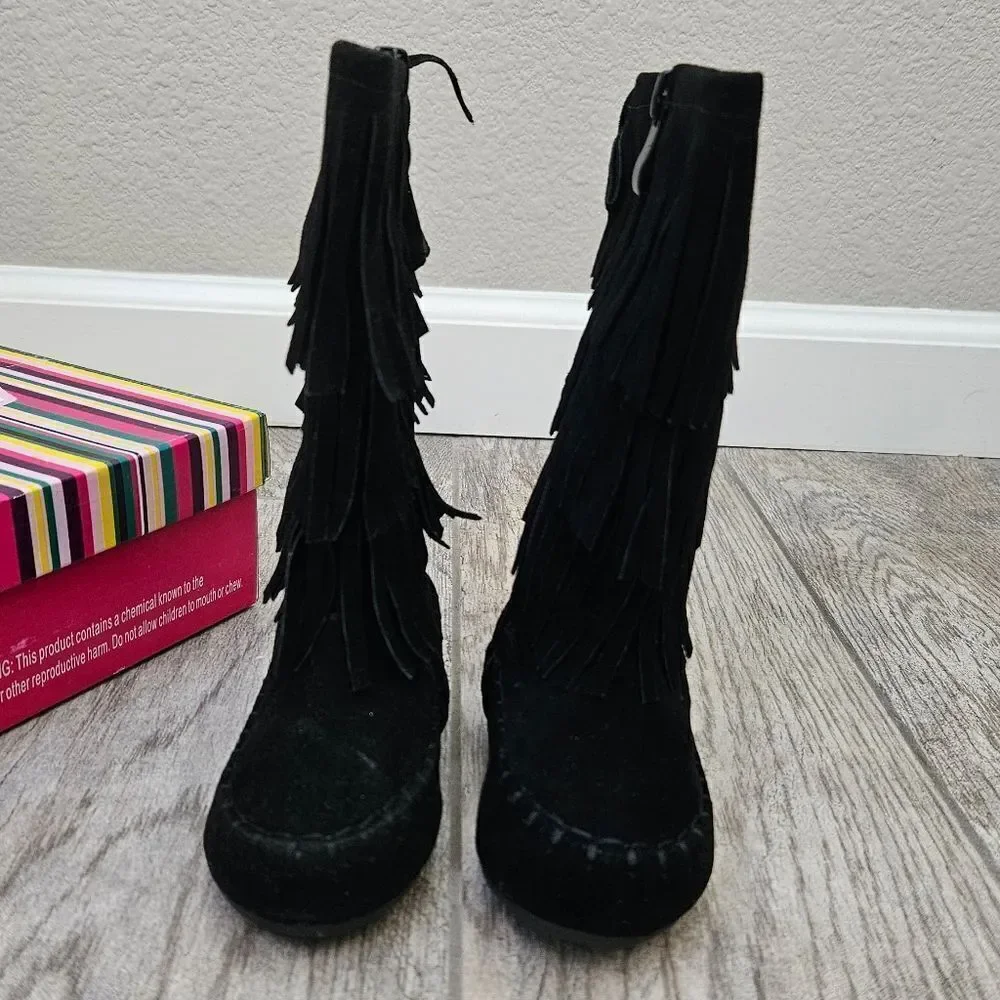 Link Candice 16KA Black Faux Suede Fringe Mid Calf Boots Size 5T